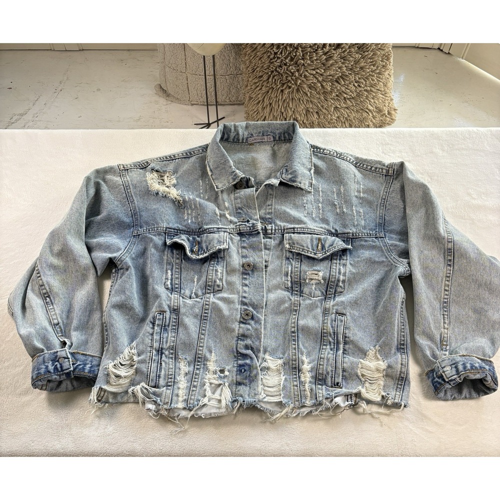 Carmar Distressed Cropped Denim Trucker Jacket Light Wash Frayed Size Small